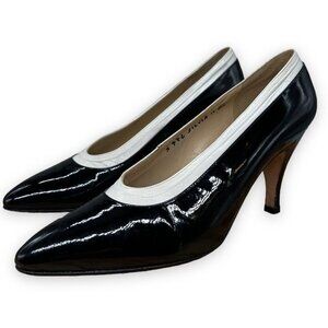 Silvia Fiorentina Shoes Pumps 6.5  M Black Patent Leather White Trim‎ Mid Heel